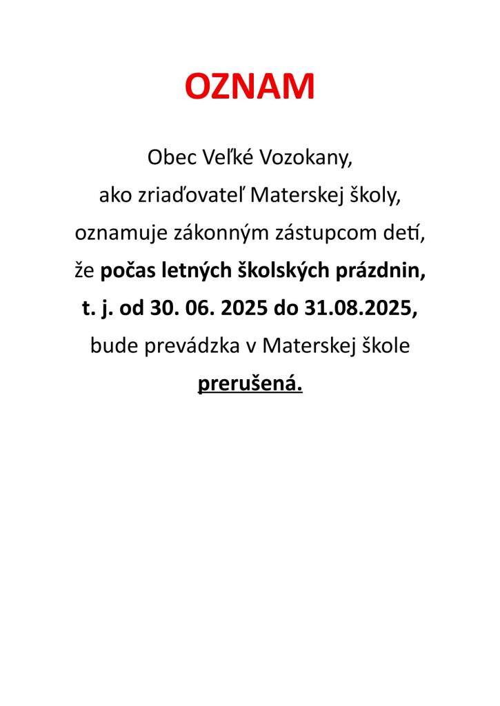 Oznam o&nbsp;prerušení prevádzky počas letných prázdnin